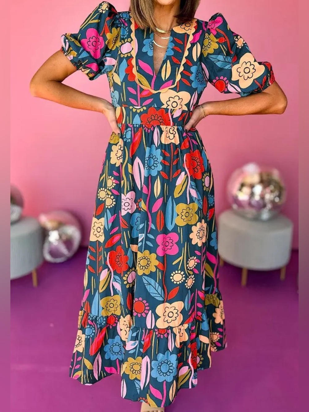 70s Style Floral Boho Tiered Midi Dress L Ruffle Smocked Cottagecore 100% Cotton